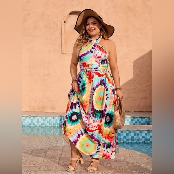 🌟Host Pick🌟NIP-Plus Size Tie Dye Print Cross Front Halter Dress - Picture 2 of 4